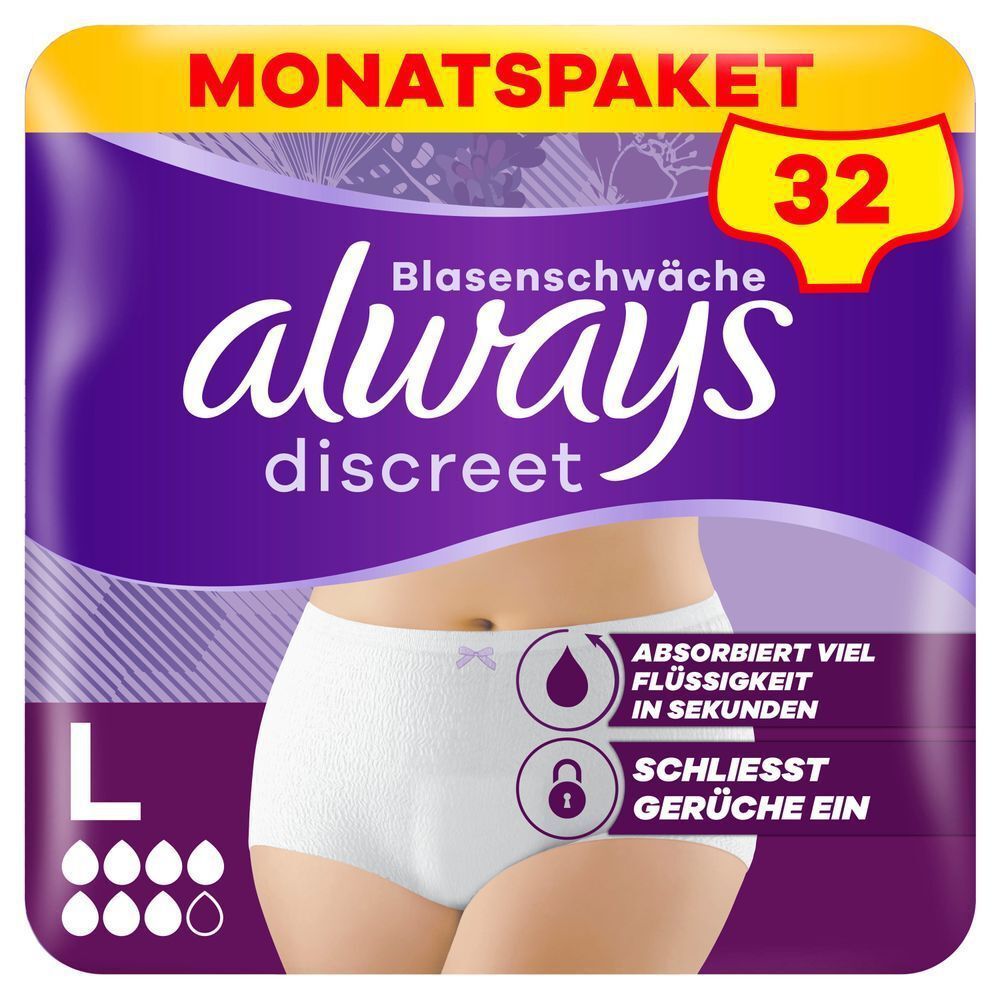 Always Discreet Höschen für Blasenschwäche, Größe L, Monatspaket mit 32 Stück, Absorbiert viel Flüssigkeit in Sekunden, Schliesst Gerüche ein