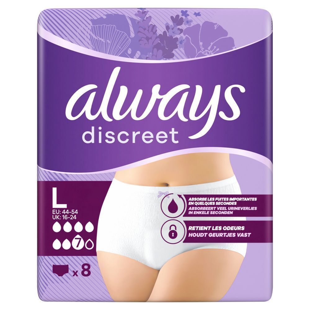 Always Discreet Höschen L, 7 Tropfen, 8 Stück, absorbiert viel Flüssigkeit in Sekunden, schließt Gerüche ein [EN] Always Discreet underwear, size L, packaging highlights that it absorbs leaks and locks in odors.;