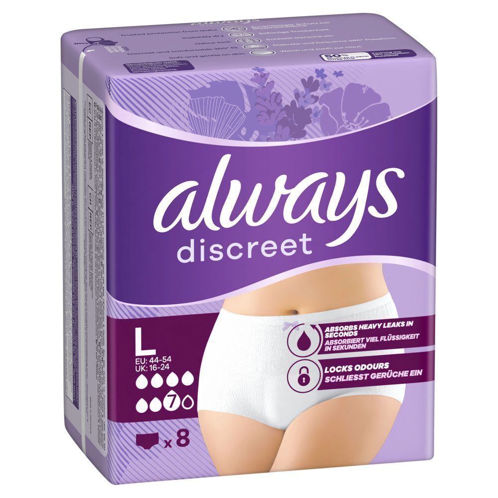3 verschiedene Packungen Inkontinenz-Einlagen und -Höschen von Always Discreet, der Top Marke 2025.