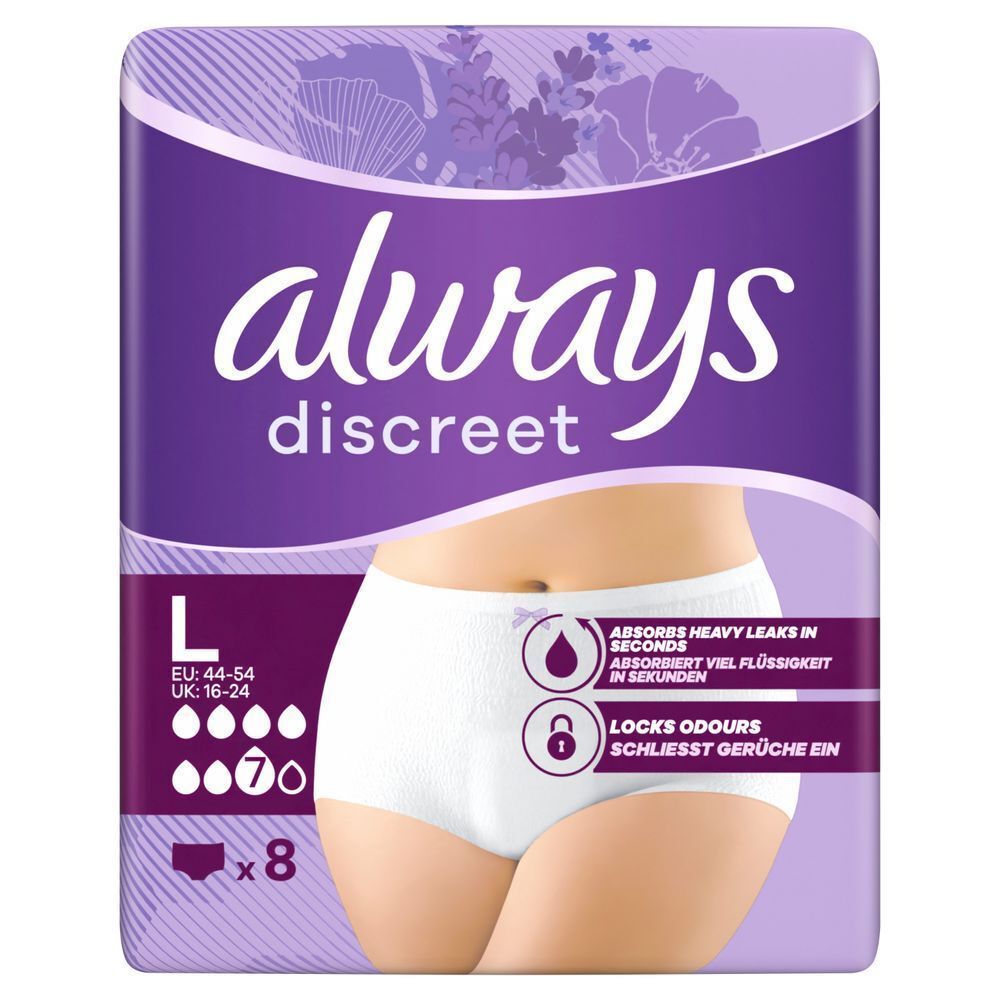Always Discreet Höschen L, 7 Tropfen, 8 Stück, absorbiert viel Flüssigkeit in Sekunden, schließt Gerüche ein [EN] Always Discreet underwear packaging, highlighting "Absorbs Heavy Leaks in Seconds" and "Locks Odours" claims.;