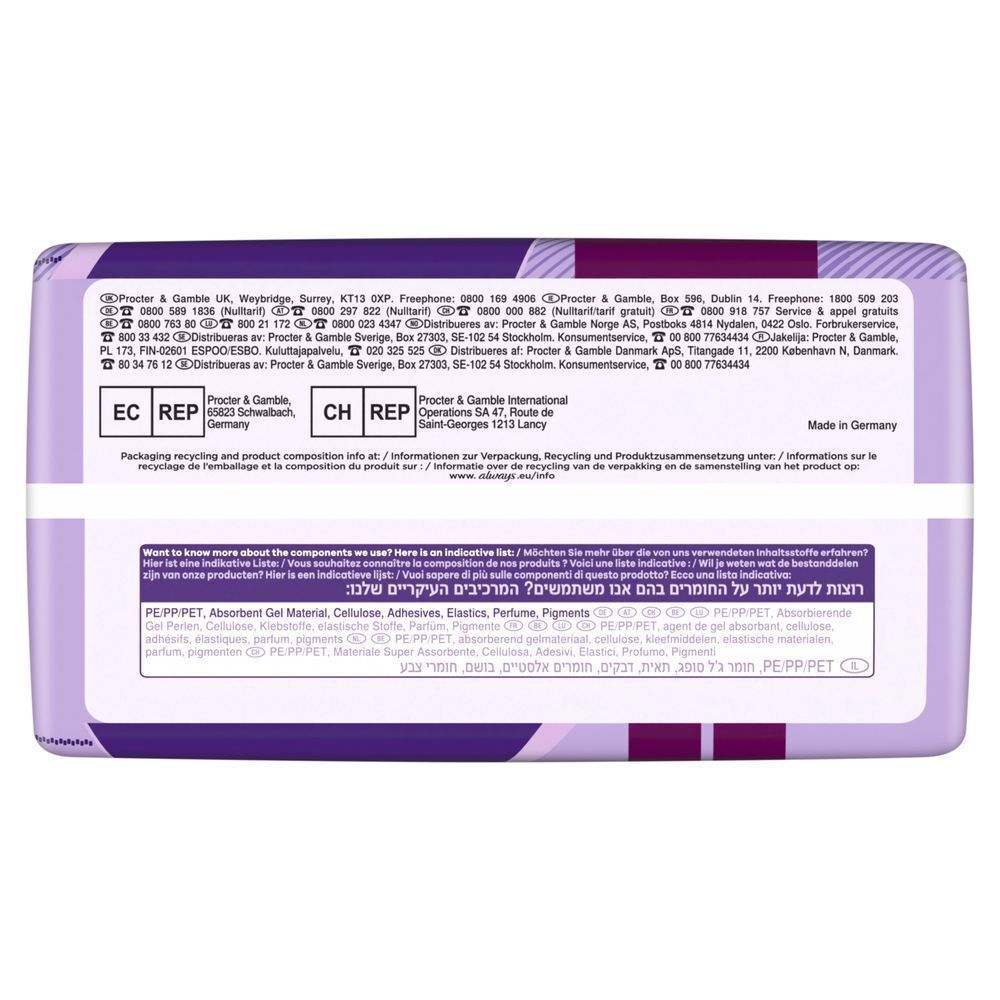 Always Discreet Höschen Verpackung, die die Inhaltsstoffe wie absorbierendes Gelmaterial, Zellulose, Klebstoffe, Elastomere, Parfüm und Pigmente hervorhebt. [EN] Always packaging showing a list of components including absorbent gel material, cellulose, adhesives, elastics, perfume, and pigments.;