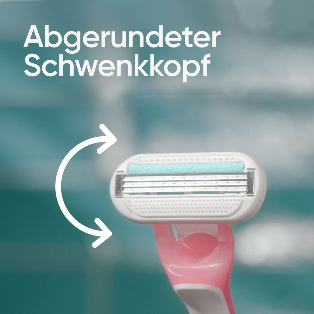 Venus Rasierer mit abgerundetem Schwenkkopf, der durch einen Pfeil die flexible Bewegung andeutet.