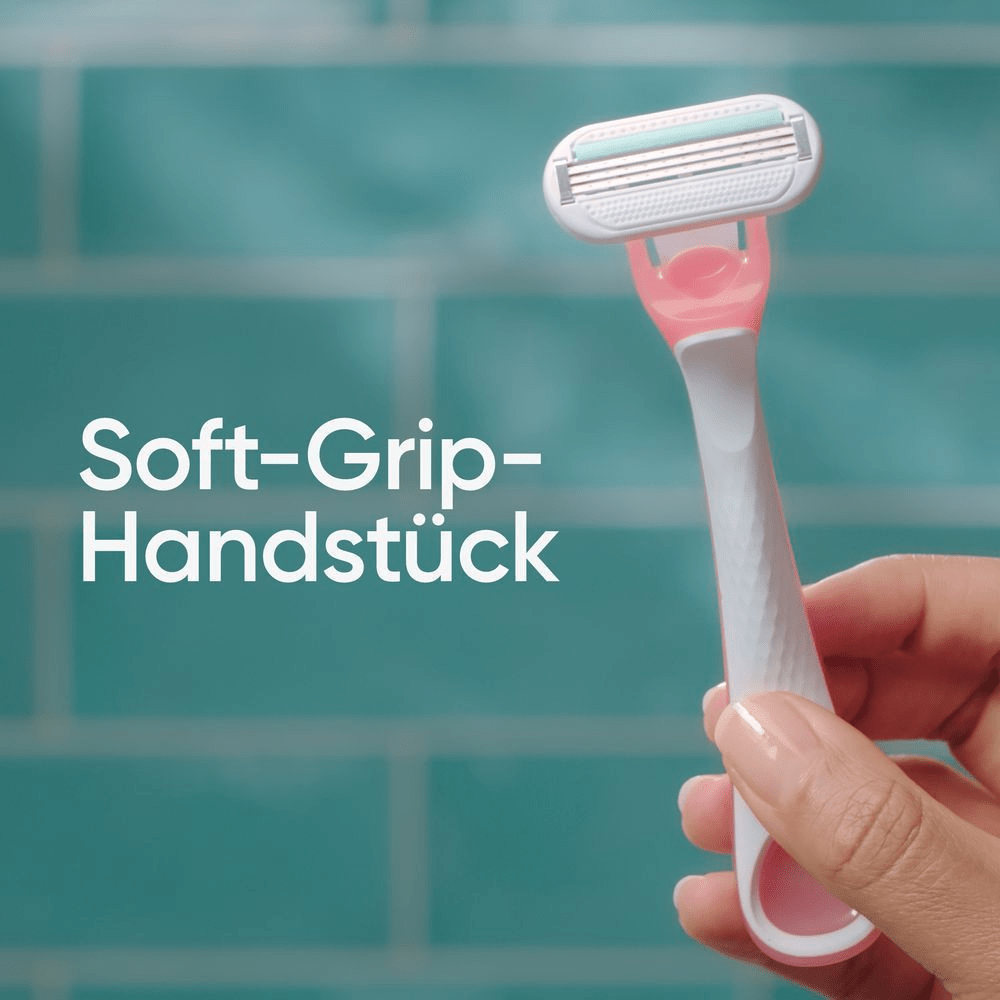 Venus Rasierer wird von einer Hand gehalten, um das Soft-Grip-Handstück hervorzuheben.