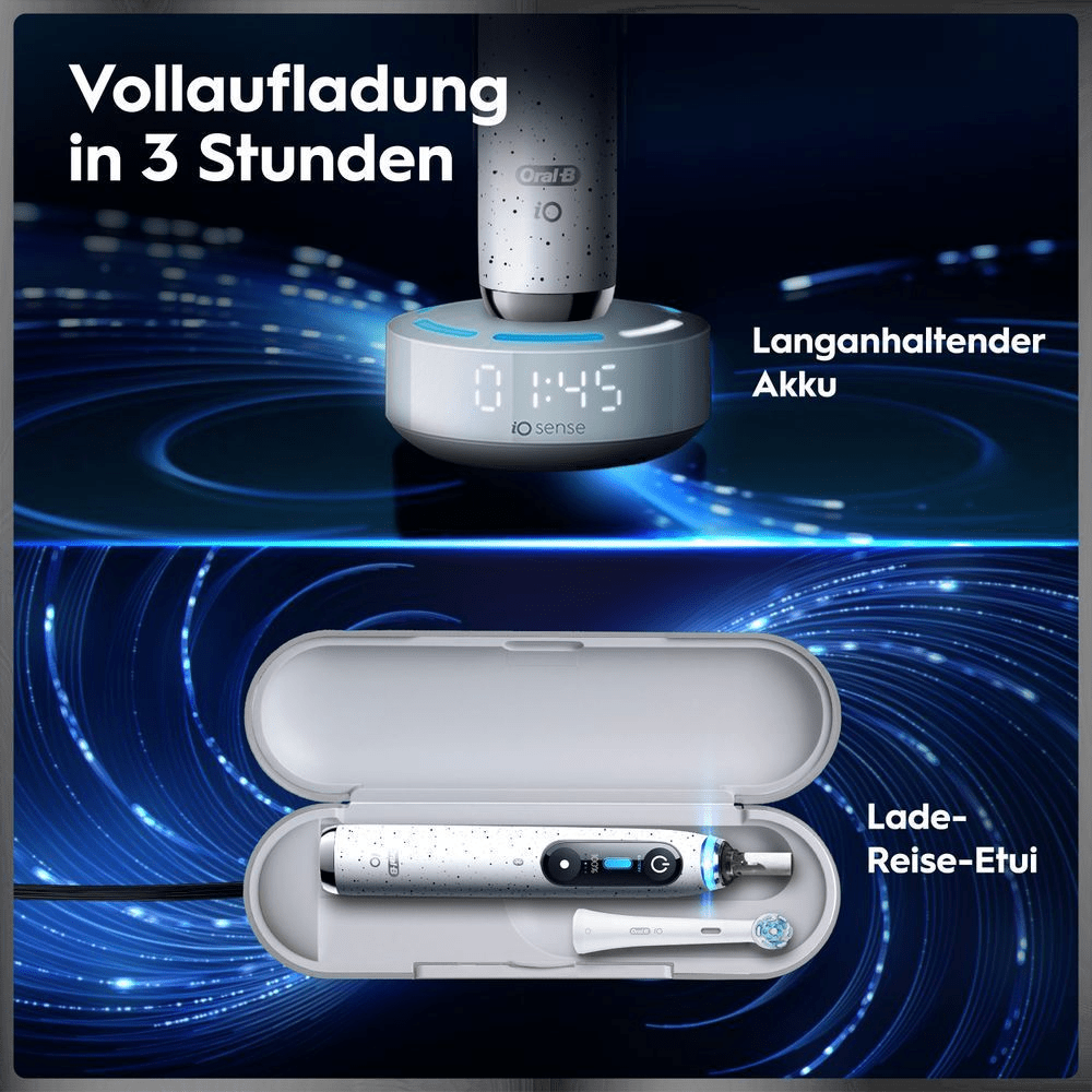 Oral-B iO Zahnbürste mit Schnellladefunktion, Ladestation und Reise-Etui auf blauem Hintergrund.