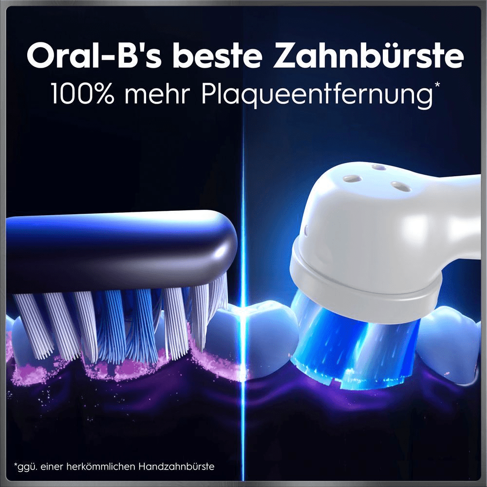 Werbung für Oral-B Zahnbürste mit 100% mehr Plaqueentfernung im Vergleich zu Handzahnbürsten