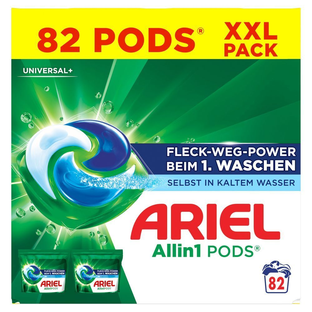 Ariel Allin1 PODS Universal+, Flüssigwaschmittelkapseln, Schnell auflösend, 82 PODS XXL PACK, 82 Wäschen, Fleck-Weg-Power beim 1. Waschen selbst in kaltem Wasser, Vorderseite. [IT] Ariel Allin1 PODS, confezione XXL da 82, con la promessa di Fleck-weg-Power beim 1. Waschen (potere smacchiante al primo lavaggio).