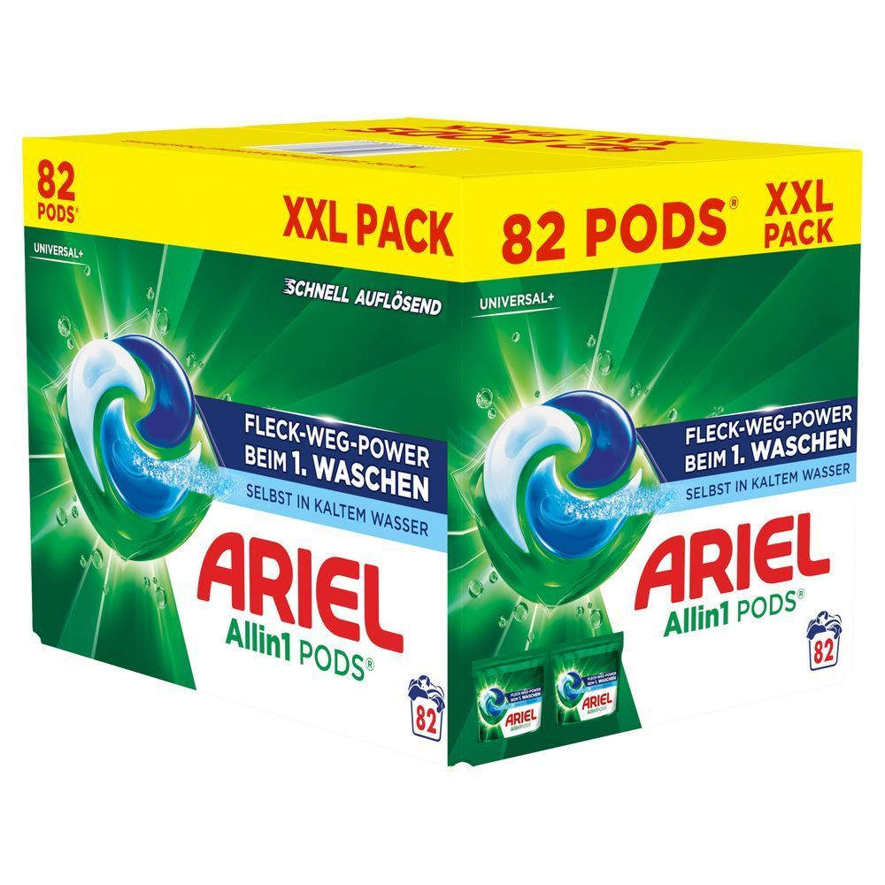 Ariel Universal+ PODS,82 Wäschen, Fleck-Weg-Power beim 1.Waschen, Schnell auflösend, Sofortwirkung selbst in kaltem Wasser, 82 PODS XXL PACK. [IT] Ariel Allin1 PODS, confezione XXL da 82, con formula Fleck-Weg-Power beim 1. Waschen (potere smacchiante al primo lavaggio).