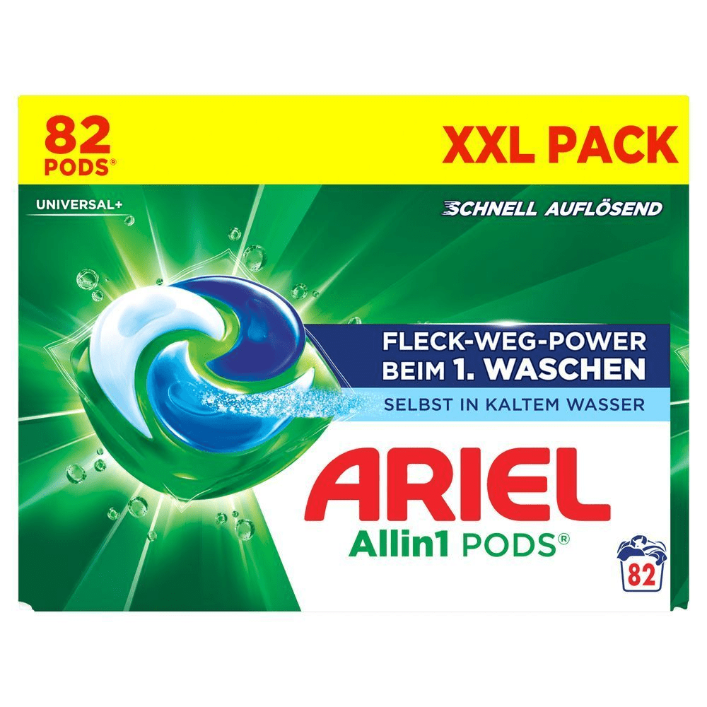 Ariel Allin1 PODS Universal+, Flüssigwaschmittelkapseln, Schnell auflösend, 82 PODS XXL PACK, 82 Wäschen, Fleck-Weg-Power beim 1. Waschen selbst in kaltem Wasser, Vorderseite. [IT] Ariel Allin1 PODS, confezione da 82, con la scritta Fleck-Weg-Power beim 1. Waschen, che significa Potere smacchiante al primo lavaggio.