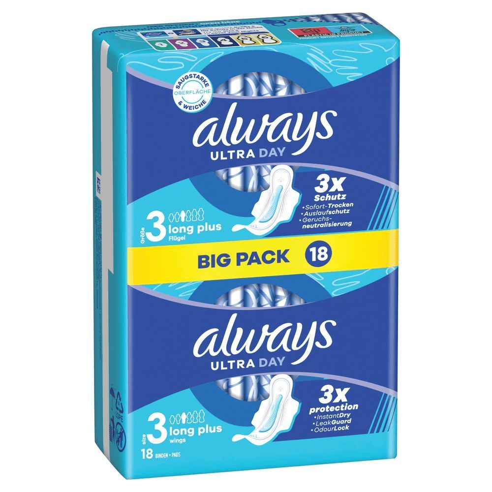 Always Ultra Day Long Plus Binden, Größe 3, im Big Pack mit 18 Stück, Größe 3, 3-fachen Schutz: Sofort-Trocken, Auslaufschutz und Geruchsneutralisierung.;