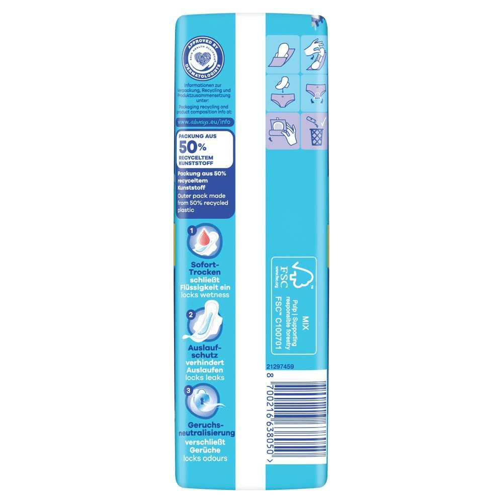 Always Binden Verpackung, die hervorhebt, dass die Verpackung aus 50 % recyceltem Kunststoff besteht.;