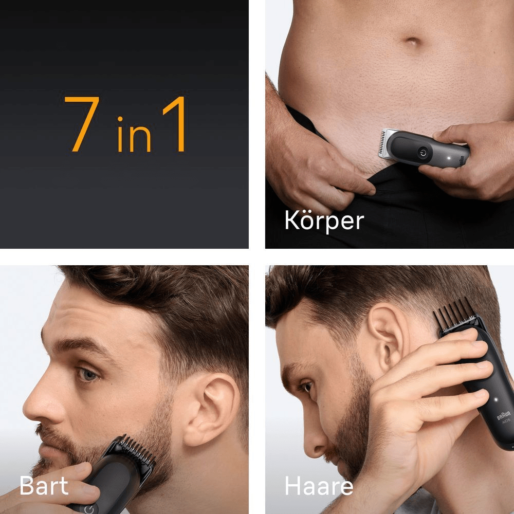 Braun Trimmer für Körper, Bart und Haare, bewirbt die 7-in-1-Funktionalität.