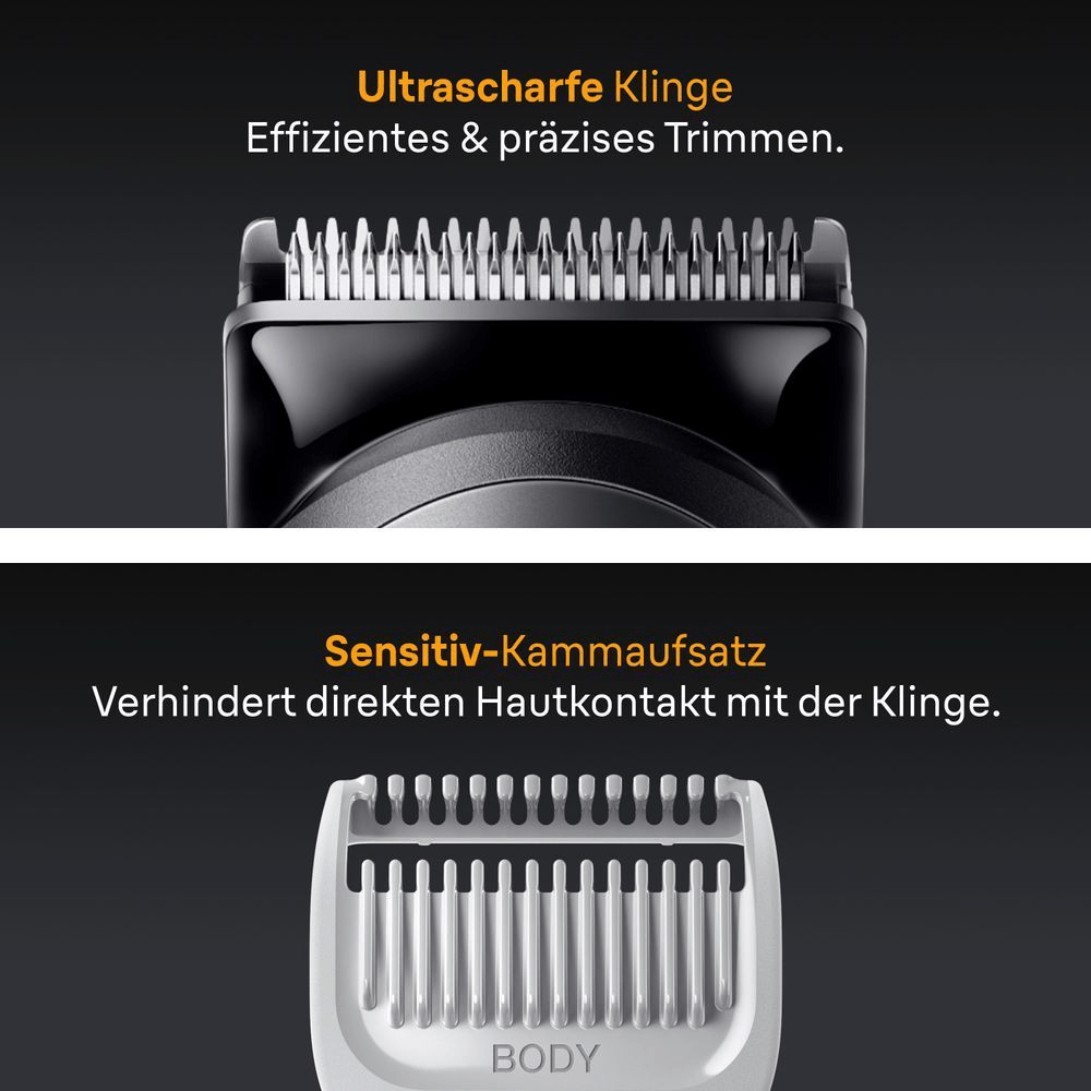 Braun Trimmer mit ultrascharfer Klinge für effizientes Trimmen und Sensitiv-Kammaufsatz, der Hautkontakt verhindert.