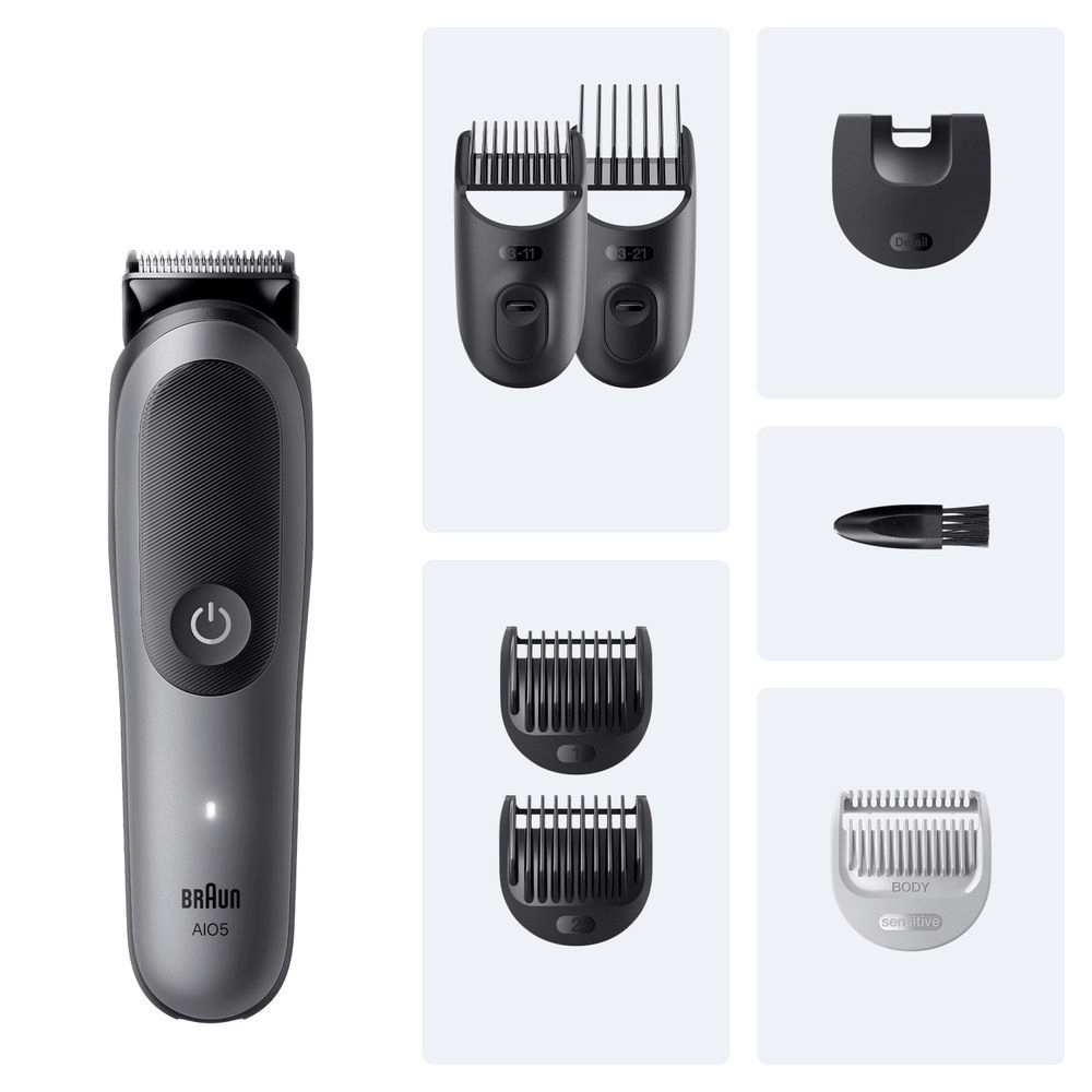 Braun All-in-One Style Kit Series 5 mit verschiedenen Aufsätzen für Bart, Haare und Körper. [IT] Braun All-in-One Style Kit Series 5 con vari accessori per rifinire barba, capelli e corpo. [CS] Braun All-in-One Series 5 zastřihovač vousů s různými nástavci pro úpravu vlasů, vousů a těla. [HU] A Braun All-in-One szőrtelenítő készülék és a hozzá tartozó különböző toldóelemek, a sokoldalú használat illusztrálására. [SK] Braun All-in-One Series 5 zastrihávač s rôznymi nástavcami pre úpravu brady, vlasov a tela. [PT] Braun Series X aparador multifuncional com acessórios para diferentes comprimentos de barba e cuidados com o corpo.;