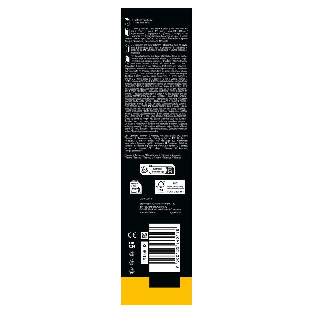 Braun Trimmer-Verpackung, die den SensitiveTrim-Kamm für sanftes Trimmen auch an empfindlichen Stellen hervorhebt. [EN] Braun trimmer packaging highlighting the included content: trimmer, six combs, and a cleaning brush. [IT] Braun rifinitore confezionato, evidenziando la capacità di styling illimitato dalla testa ai piedi e la rasatura delicata per il corpo. [ES] Braun recortadora con su embalaje, destacando el contenido: recortadora, 6 peines y cepillo de limpieza. [PT] Braun aparador com embalagem destacando que inclui 6 pentes e escova de limpeza.;
