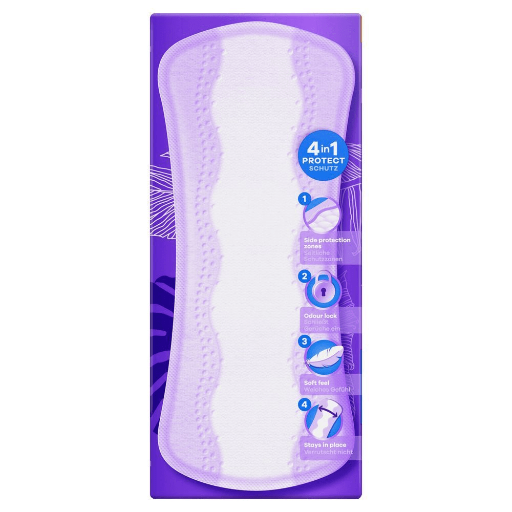 Always Slipeinlagen-Verpackung, die den 4-in-1-Schutz mit seitlichen Schutzzonen, Geruchsverschluss, weichem Gefühl und Verrutsch-nicht-Funktion hervorhebt.;