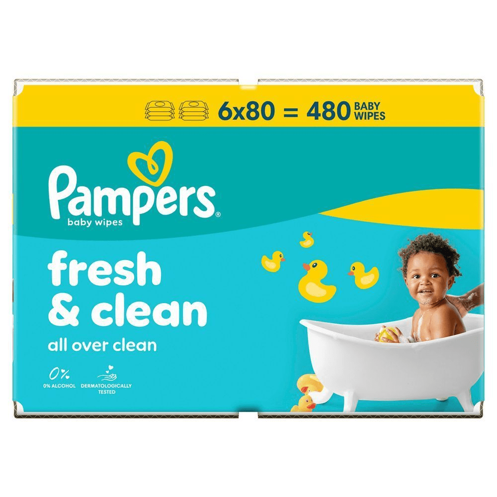Pampers Fresh & Clean Feuchttücher, 6er Packung mit 480 Stück, für eine All Over Clean Reinigung und 0% Alkohol. [RO] Șervețele umede Pampers Fresh & Clean, ambalaj cu 6 pachete a câte 80 de bucăți, oferind un total de 480 de șervețele pentru bebeluși. [HR] Pampers Fresh & Clean vlažne maramice, pakiranje od 6 x 80 maramica, ukupno 480 maramica, s oznakom 0% alkohola i dermatološki testirano. [CS] Pampers Fresh & Clean dětské ubrousky, balení 480 kusů, s nápisem 0% alkohol a dermatologicky testováno. [HU] Pampers Fresh & Clean baba törlőkendő csomagolása, hangsúlyozva a 6x80 = 480 darabos kiszerelést. [SK] Pampers Fresh & Clean detské obrúsky, balenie 6 x 80, teda 480 kusov, s označením 0% alkoholu a dermatologicky testované. [SL] Pampers vlažilni robčki Fresh & Clean, pakiranje s skupno 480 robčki.