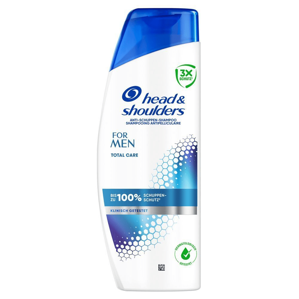 Head & Shoulders Anti-Schuppen-Shampoo FOR MEN Total Care Flasche, die bis zu 100% Schuppenschutz und 3X Schutz betont.