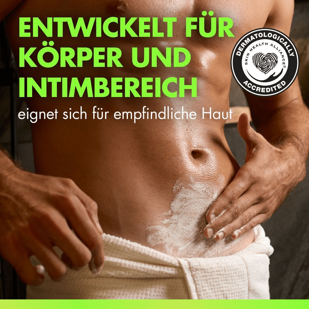 Nahaufnahme eines Mannes, der Gillette Labs Body 2-in-1 Rasiercreme + Waschgel mit seiner Hand auf den Intim- und unteren Bauchbereich aufträgt. Um seine Taille ist ein Handtuch gewickelt.