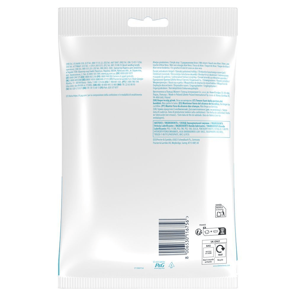 Simply Venus 2 Rasierer-Verpackung mit dem Hinweis Mit einem Hauch von Aloe Vera.