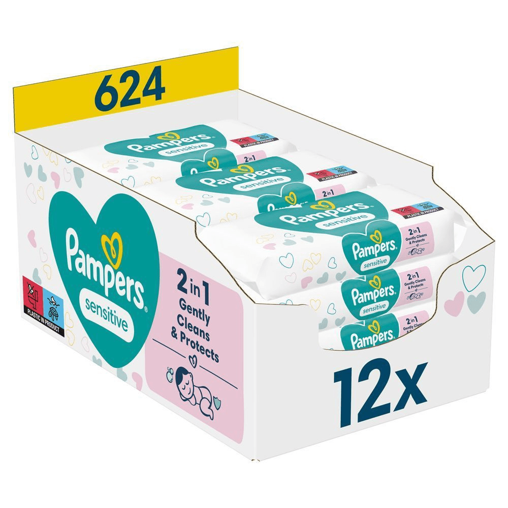 Pampers Sensitive Feuchttücher,  12er Pack mit je 52 Tüchern, hervorgehoben wird der Produktvorteil: 2 in 1: Reinigt sanft und schützt. [RO] Pachet de 12 bucăți de șervețele umede Pampers Sensitive, 2 în 1, care curăță delicat și protejează pielea bebelușului. [IT] Pampers Sensitive salviette umidificate, confezione da 12 pacchi, che puliscono delicatamente e proteggono la pelle del bambino. [HR] Pampers Sensitive vlažne maramice, pakiranje od 12 komada, s oznakom "2 u 1: Nježno čisti i štiti". [CS] Pampers Sensitive ubrousky, balení 12 kusů, jemně čistí a chrání pokožku. [HU] Pampers Sensitive törlőkendők, 12 darabos kiszerelésben, "2 az 1-ben, gyengéden tisztít és véd" felirattal. [SK] Pampers Sensitive detské vlhčené obrúsky, balenie 12 kusov, ktoré jemne čistia a chránia pokožku. [SL] Pampers Sensitive vlažilni robčki, pakiranje 12x, z oznako "2 v 1: nežno očisti in ščiti".;