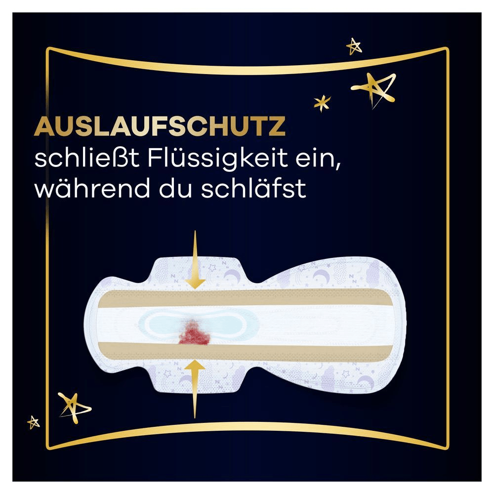 Always Binden-Illustration mit dem Claim "Auslaufschutz schließt Flüssigkeit ein, während du schläfst".