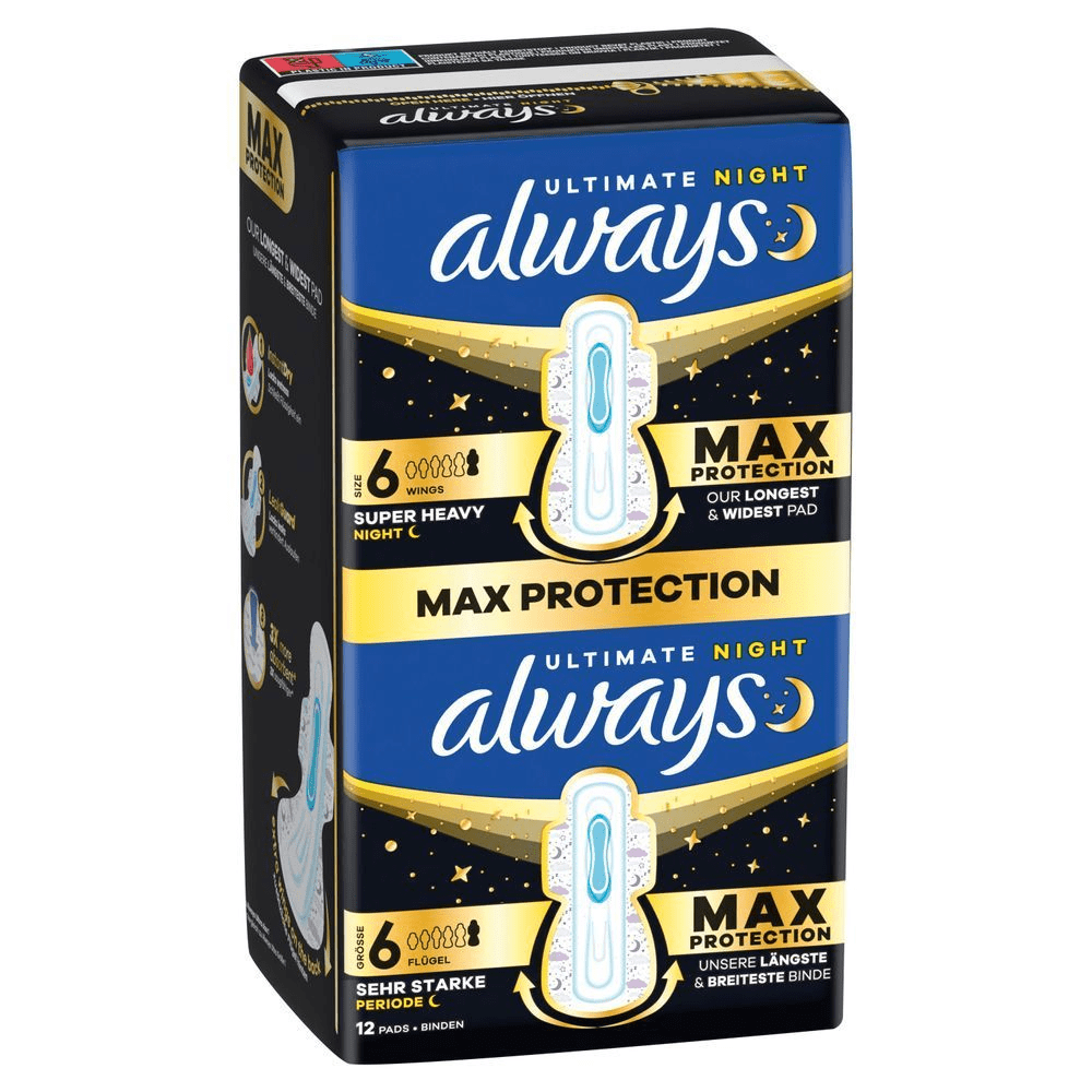 Always Ultimate Night Binden, Größe 6, Packung mit 12 Stück, bewirbt maximalen Schutz als längste und breiteste Binde. [DA] Always Ultimate Night menstruationsbind, størrelse 6 Super Heavy Night, med maksimal beskyttelse som mærkets længste og bredeste bind. [SV] Always Ultimate Night Max Protection förpackning, som framhäver vår längsta och bredaste binda. [FI] Always Ultimate Night terveyssiteet, jotka tarjoavat maksimaalisen suojan pisimpänä ja leveimpänä siteenä erittäin runsaille öille. [NO] Always Ultimate Night bind i pakning, fremhever maksimal beskyttelse som lengste og bredeste bind.