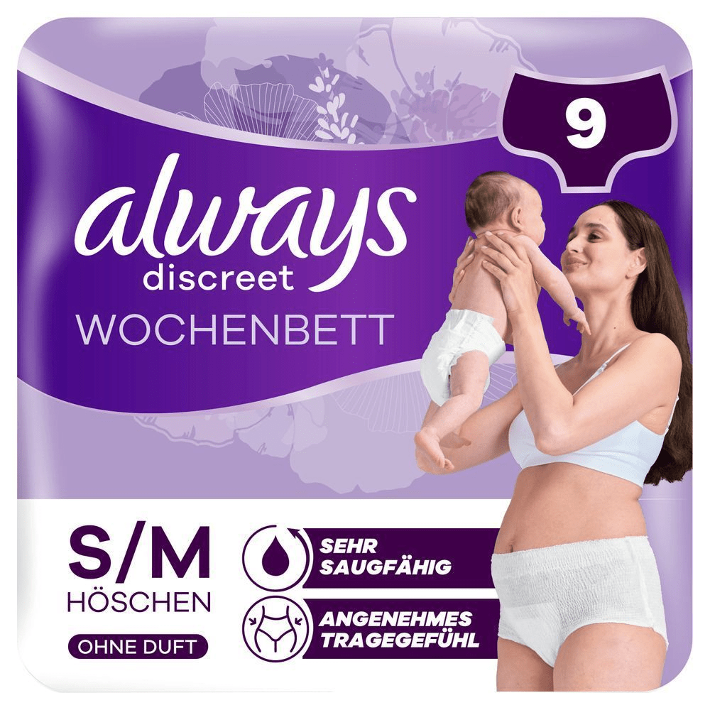 Always Discreet Wochenbett Höschen, Größe S/M, 9 Stück, ohne Duft, sehr saugfähig, angenehmes Tragegefühl