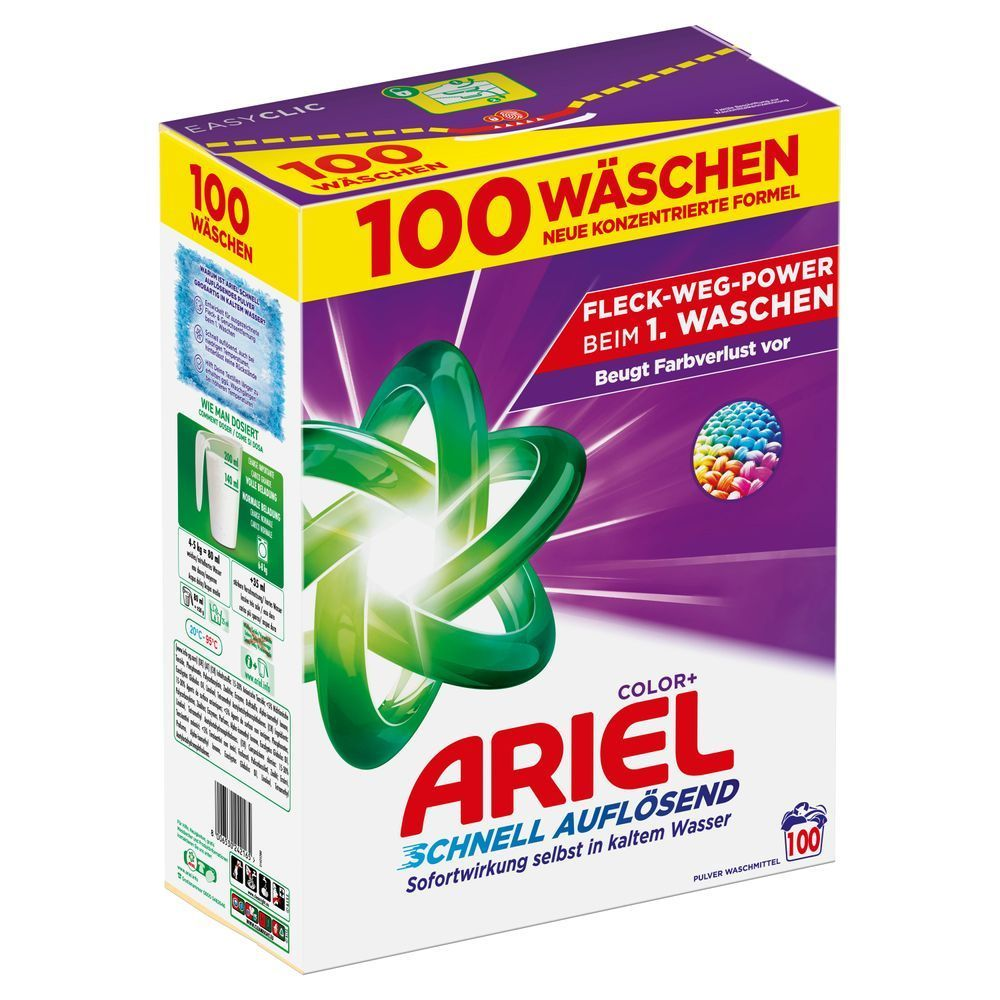 Ariel Color+ Pulver Waschmittel,100 Wäschen, Fleck-Weg-Power beim 1. Waschen, Schnell auflösend, Sofortwirkung selbst in kaltem Wasser, Beugt Farbverlust vor, Neue konzentrierte Formel [EN] Ariel, Powder, Carton, Color+, 5.030KG, 100 Washes, Front Left of Pack