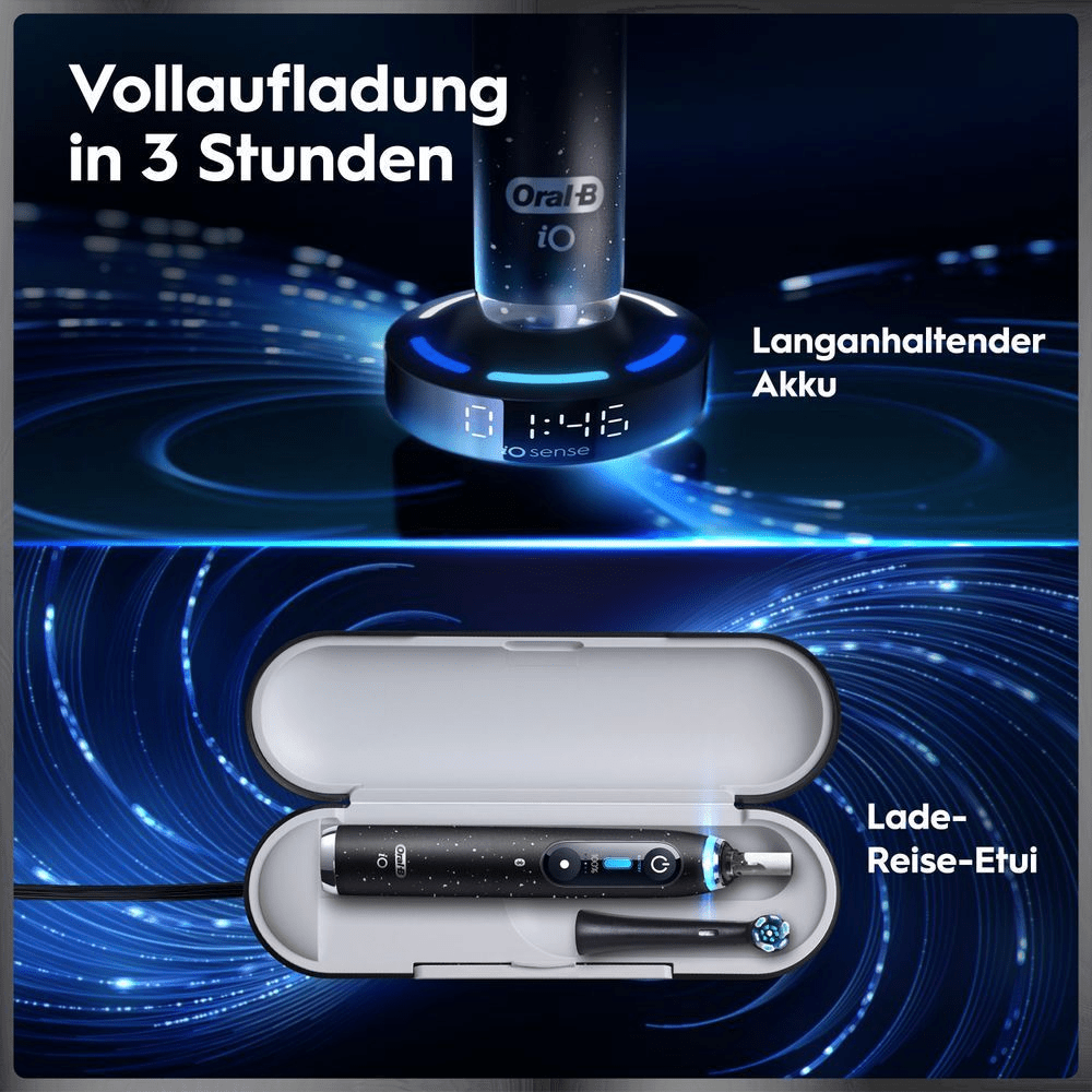 Oral-B iO Zahnbürste mit Schnellladefunktion, Ladestation und Reise-Etui auf blauem Hintergrund.