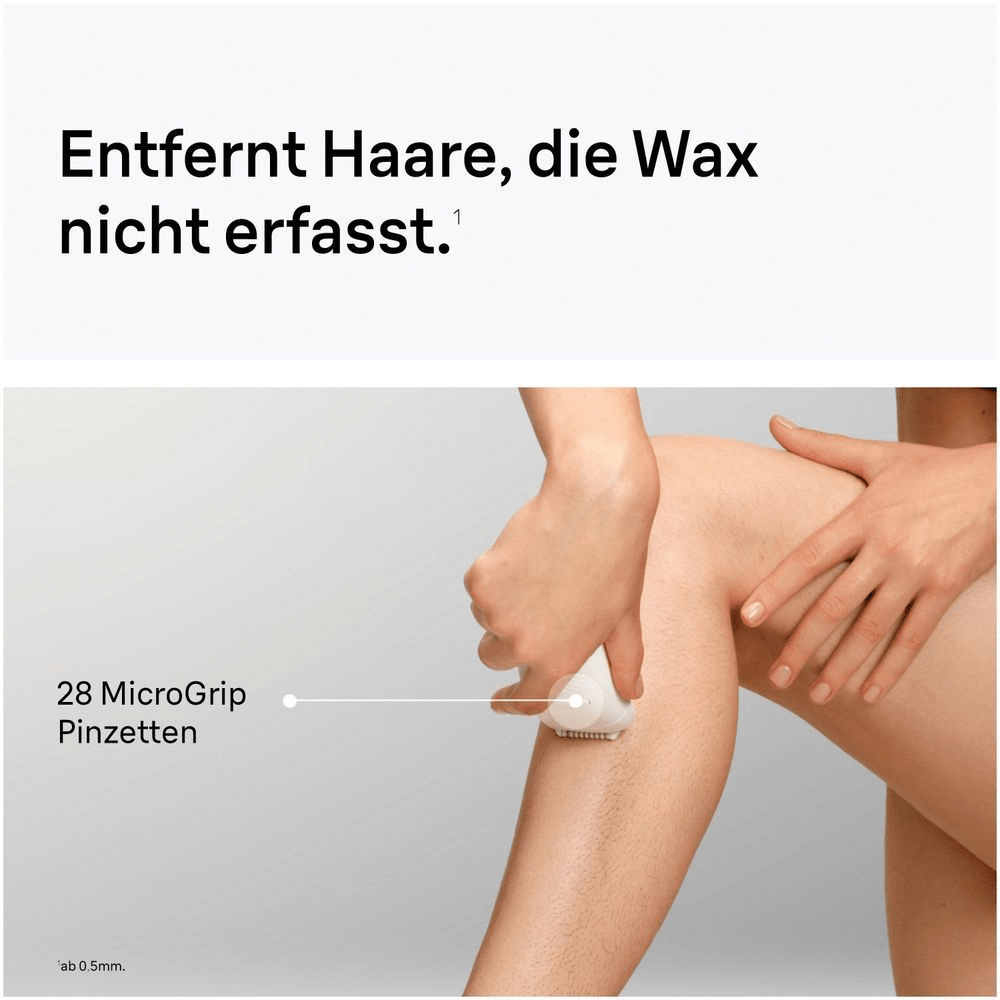 Nahaufnahme eines Unterschenkels. Die Frau epiliert ihr Bein mit dem Silk-epil 5