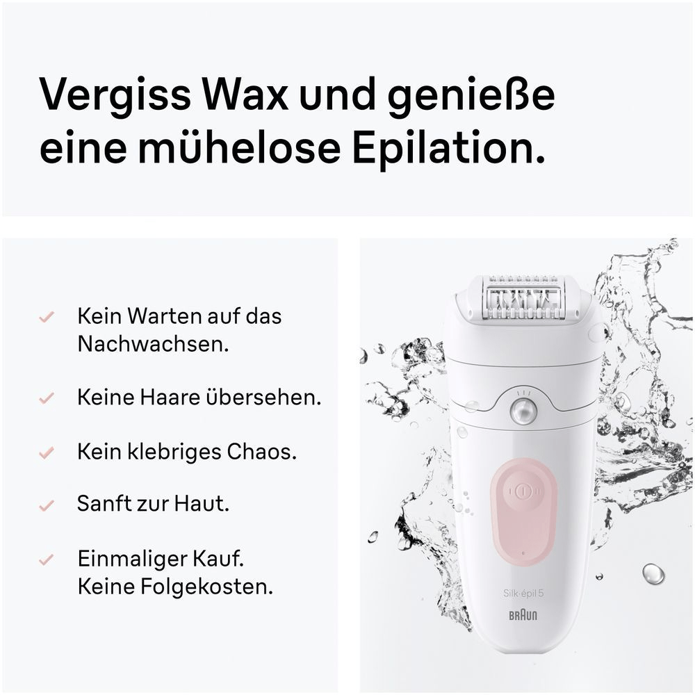 Frontansicht des Silk-epil 5 Epilierers mit Wasserspritzern im Hintergrund.