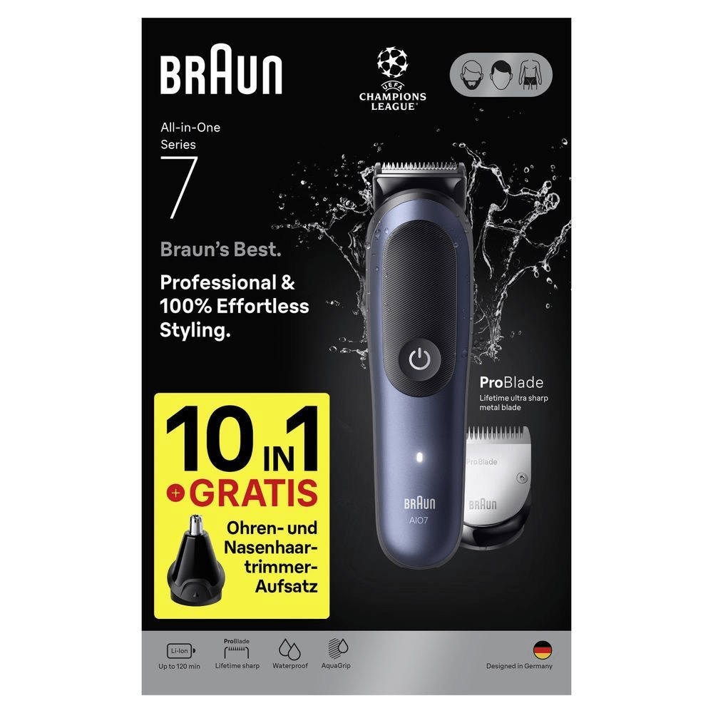 Braun All-in-One Series 7 mit 10-in-1 Funktion und gratis Ohren- & Nasenhaartrimmer-Aufsatz. [EN] front view of packaging