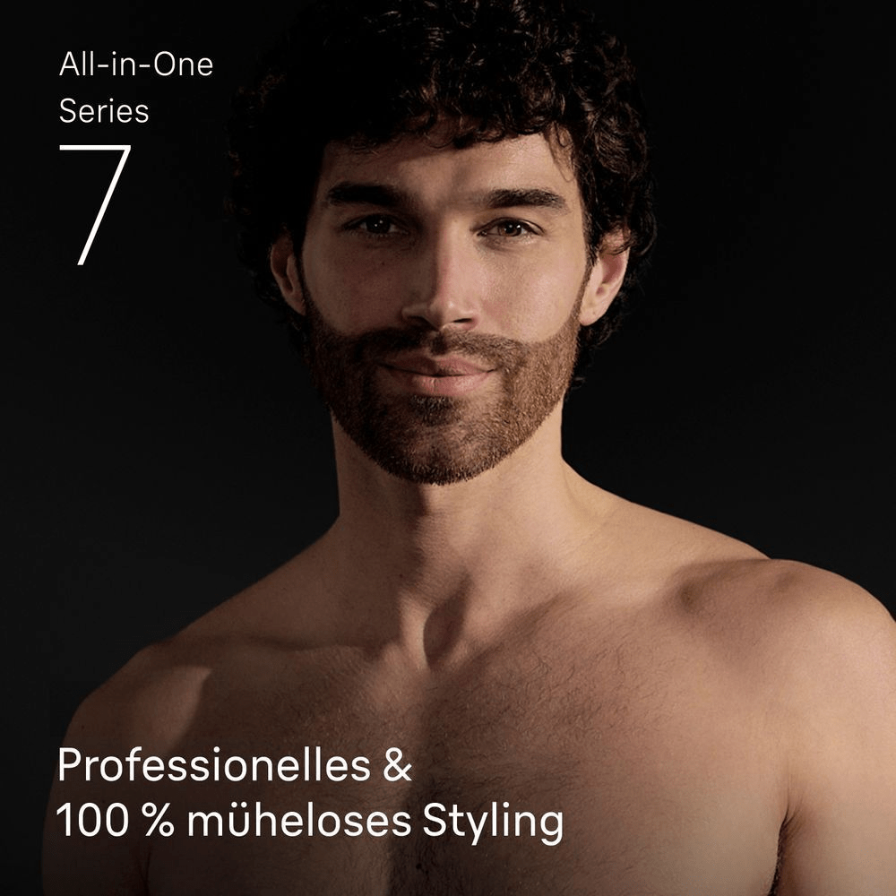 Mann mit gestyltem Bart, der das professionelle und mühelose Styling der Braun All-in-One Series 7 demonstriert.