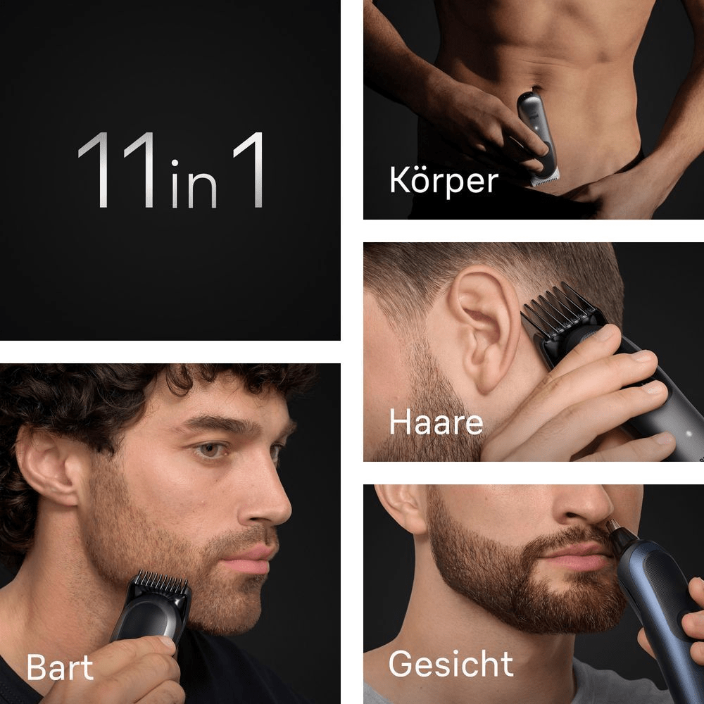 Braun Multigroomer 11-in-1 für Bart, Haare, Körper und Gesicht, demonstriert die vielseitigen Anwendungsmöglichkeiten.