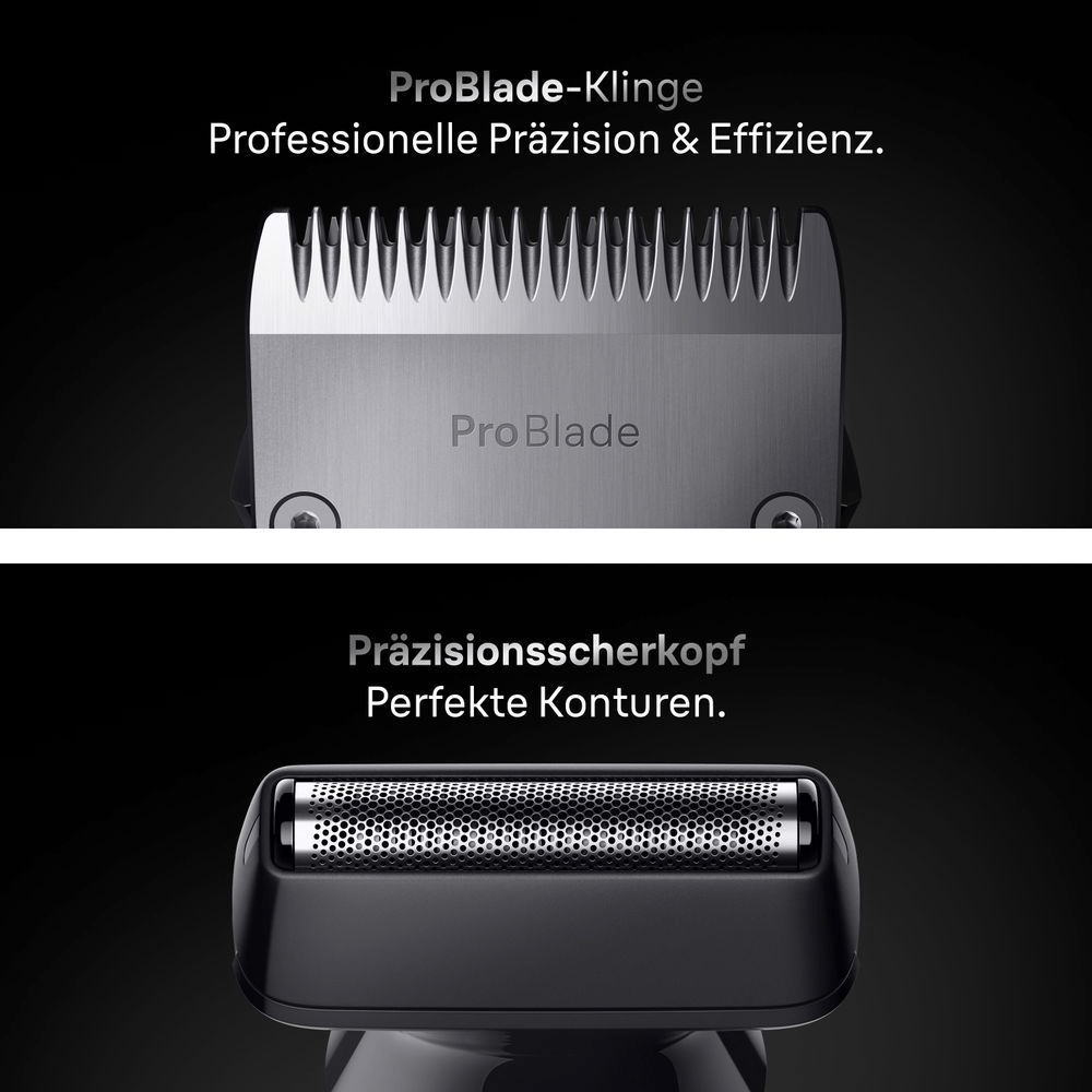 Braun Trimmer mit ProBlade-Klinge für professionelle Präzision und einem Präzisionsscherkopf für perfekte Konturen, hervorgehoben.
