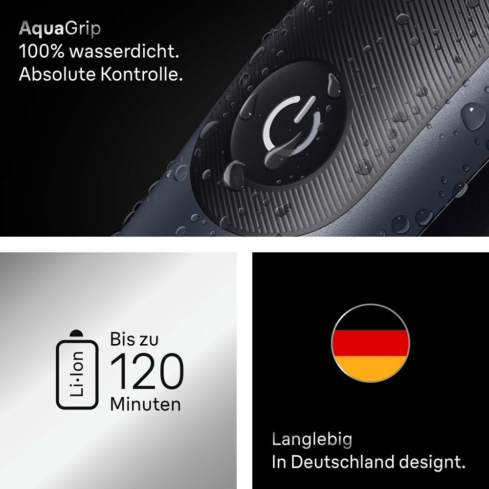Braun Rasierer mit AquaGrip, der 100% wasserdicht ist und absolute Kontrolle bietet, mit bis zu 120 Minuten Akkulaufzeit, designt in Deutschland.