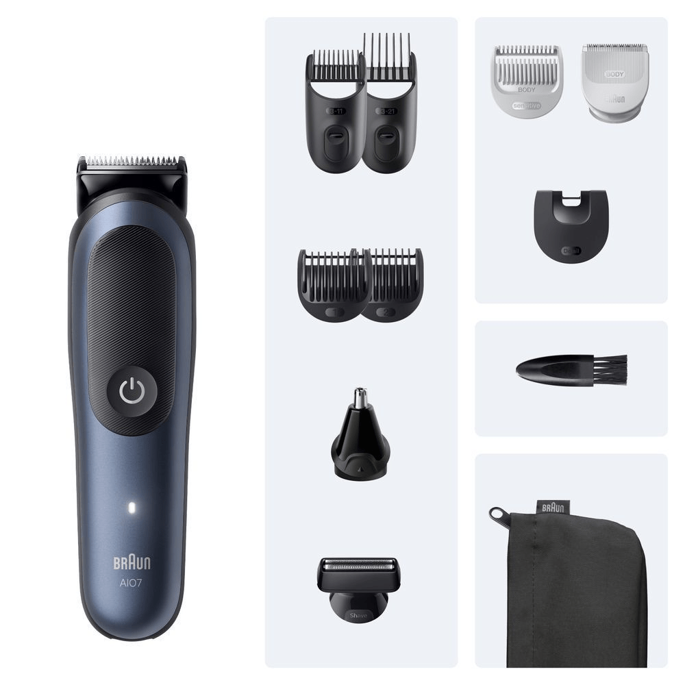 Braun AI07 Trimmer mit verschiedenen Aufsätzen für Bart, Körper, Nase und Detailstyling. [IT] Braun AI07 mostrato con vari accessori per la cura del corpo, inclusi pettini, rifinitore per naso e custodia. [CS] Braun AI07 zastřihovač vousů a těla s různými nástavci pro úpravu vousů, těla a nosních chloupků. [HU] Braun AI07 multifunkciós szőrtelenítő a tartozékaival, melyek a test, orr, fül és szakáll szőrzetének eltávolítására szolgálnak. [SK] Braun All-in-One Style Kit Series 7 s rôznymi nadstavcami pre strihanie vlasov, úpravu brady a odstraňovanie chĺpkov. [PT] Braun AI07 aparador multifuncional com vários acessórios para diferentes áreas do corpo e estojo de armazenamento.;