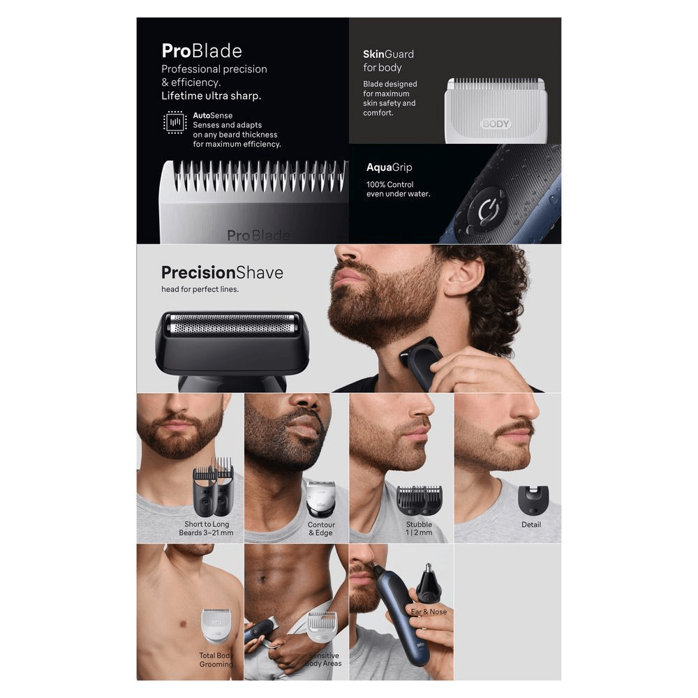 Braun Bartschneider mit ProBlade für professionelle Präzision und Effizienz, sowie verschiedenen Aufsätzen für Bart, Körper und Nase. [EN] Braun trimmer highlighting its ProBlade technology for professional precision and efficiency, with lifetime ultra-sharp blades. [DA] Braun trimmer med ProBlade for professionel præcision og effektivitet, samt forskellige hoveder til skæg, krop og detaljer. [SV] Braun trimmer med ProBlade för professionell precision och effektivitet, samt olika tillbehör för skägg, kropp och detaljer. [IT] Braun Series 9 Pro, evidenziando le lame ProBlade per precisione professionale e l'adattamento automatico allo spessore della barba. [FI] Braun-partatrimmeri ProBlade-terällä: ammattimaista tarkkuutta ja AutoSense-teknologia. [NO] Braun trimmer med ProBlade-teknologi for profesjonell presisjon og effektivitet, samt AutoSense som tilpasser seg skjeggtykkelsen. [ES] Braun recortadora con tecnología ProBlade para precisión profesional y eficiencia, además de cabezales para afeitado de precisión y cuidado corporal. [PT] Braun ProBlade com lâmina para precisão profissional e eficiência, além de tecnologias SkinGuard para o corpo e AquaGrip para controle total.;