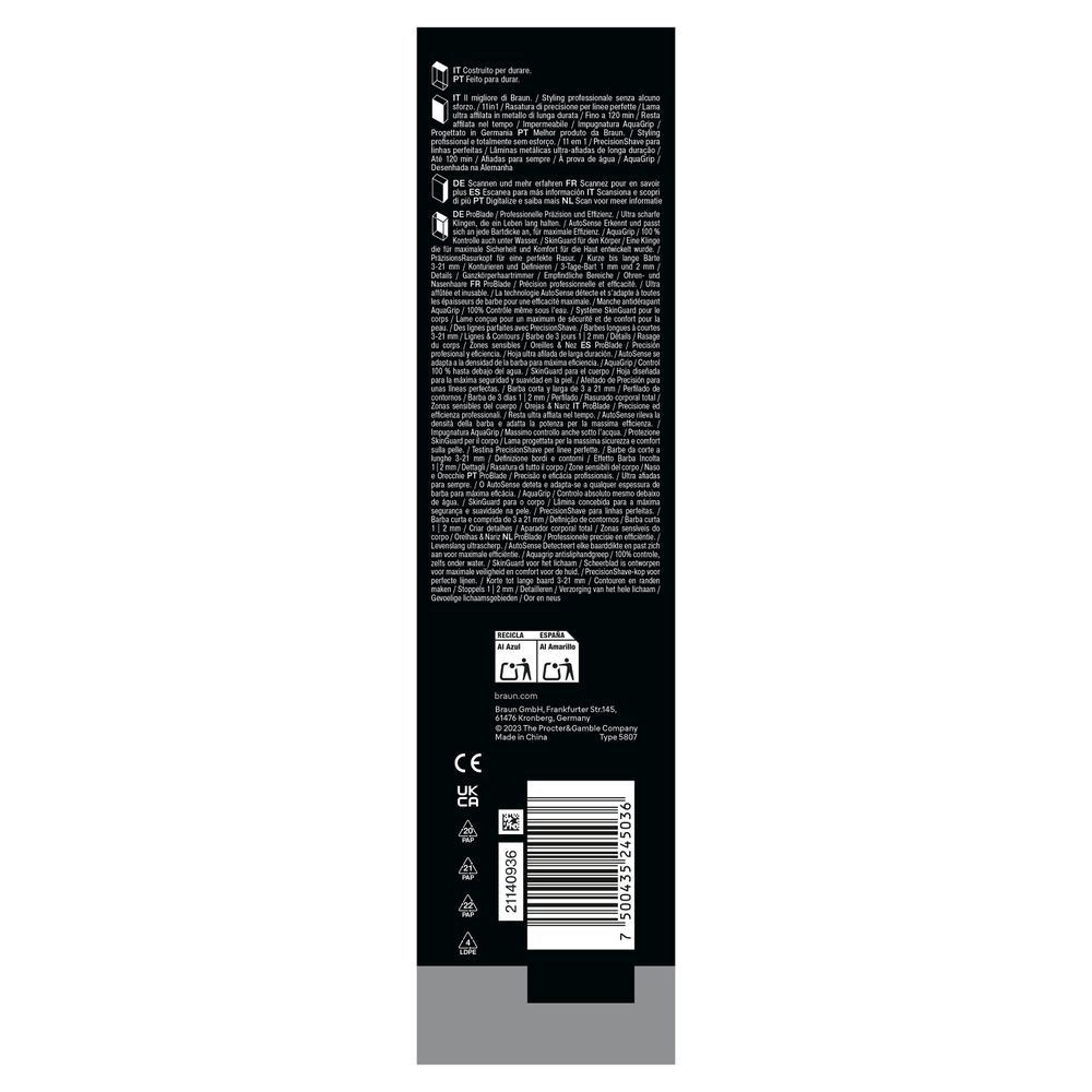 Braun ProBlade Verpackung, die "Professionelle Präzision und Effizienz" hervorhebt und für maximale Effizienz sich an jede Bartdicke anpasst. [EN] Braun ProBlade replacement head packaging, highlighting professional precision and efficiency for the shaver. [DA] Braun ProBlade barbermaskine emballage, der fremhæver professionel præcision og effektivitet med ultra skarpe blade, der holder hele livet. [SV] Braun Series 5 skäggtrimmer förpackning med texten "ProBlade/Professionell precision och effektivitet". [IT] Braun Series 5 Multigroomer mostrato sulla confezione con l'affermazione principale: "Styling professionale senza alcuno sforzo / 11 in 1". [FI] Braun-parranajokoneen pakkaus, jossa korostetaan 11-in-1 ominaisuutta ja tarkkaa Precision Shave -leikkausta täydellisten linjojen saavuttamiseksi. [NO] Braun Series 5 skjeggtrimmer emballasje, fremhever ProBlade for profesjonell presisjon og effektivitet. [ES] Braun ProBlade, destacando la precisión profesional y eficiencia, con cuchillas ultra afiladas de larga duración y tecnología AutoSense. [PT] Braun ProBlade,  parte detrás da embalagem com informações de contéudo, fabricação, reciclagem e dados de contato da P&G, QRC.
;