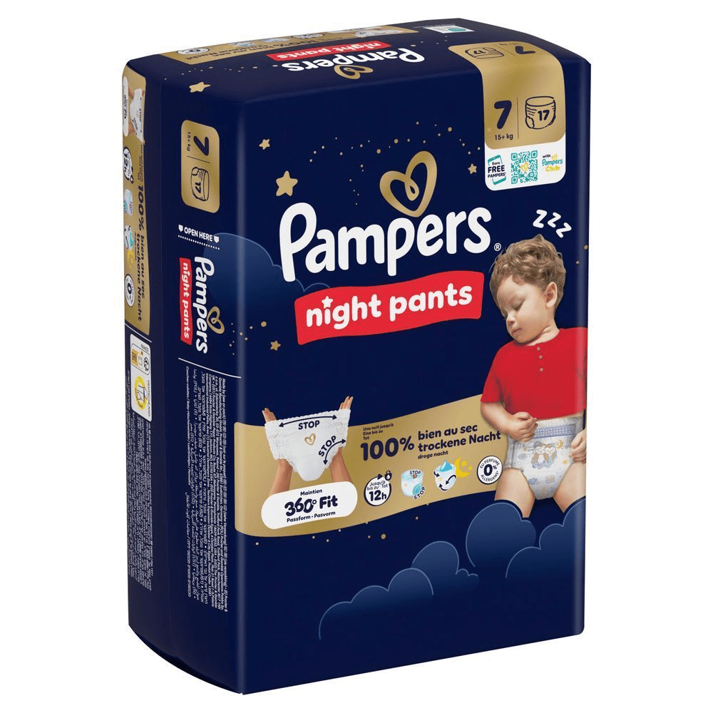 Pampers Night Pants Windeln, Größe 7, mit dem Versprechen einer 100% trockenen Nacht.