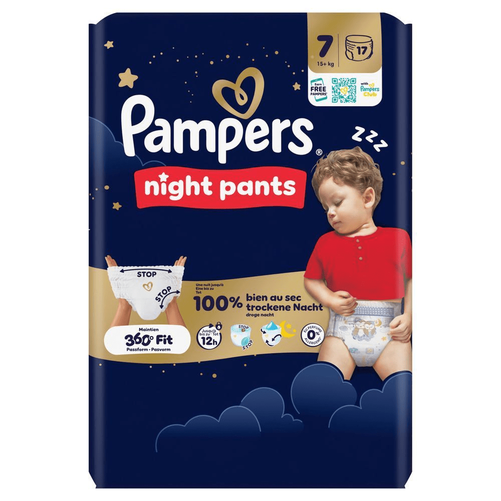 Pampers Night Pants Verpackung, hervorgehoben mit dem Versprechen 100% trockene Nacht.