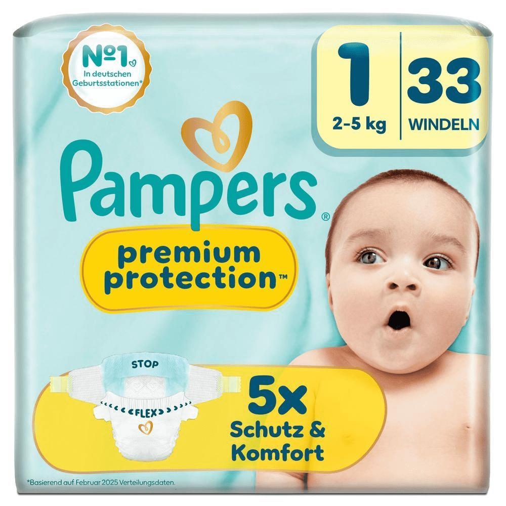 Pampers Premium Protection Windeln, Größe 1, 33 Windeln, mit dem Aufdruck "5x Schutz & Komfort". [IT] Pampers Premium Protection taglia 1, 33 pannolini, con la scritta "5x Schutz & Komfort" (5 volte protezione e comfort).;