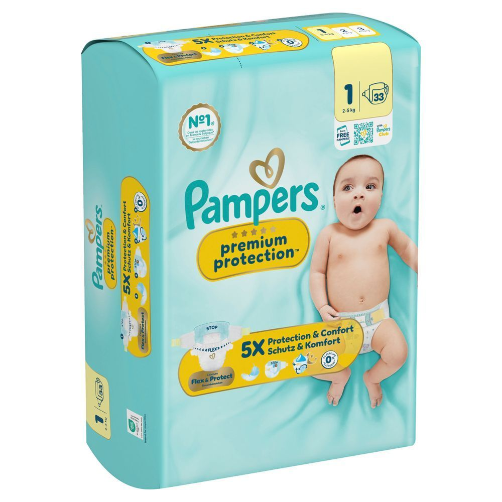 Pampers Premium Protection Windeln, Größe 1, 33 Windeln. Mit dem Aufdruck "5x Schutz & Komfort". [IT] Pampers Premium Protection taglia 1, confezione da 33 pannolini, con claim "5x Protection & Comfort" in evidenza.;