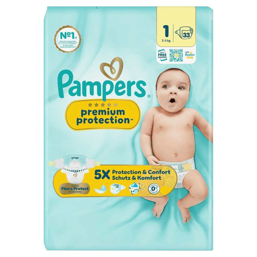 Pampers Premium Protection Windeln, Größe 1, 33 Windeln. Mit dem Aufdruck "5X Schutz & Komfort". [IT] Pampers Premium Protection, taglia 1, confezione da 33 pannolini, con l'indicazione "5X Protection & Confort" in evidenza.;