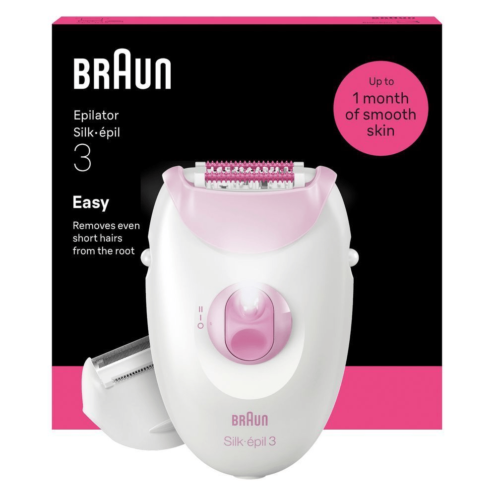 Silk-épil 3 epilator with shaver head and packaging shot behind on white background.