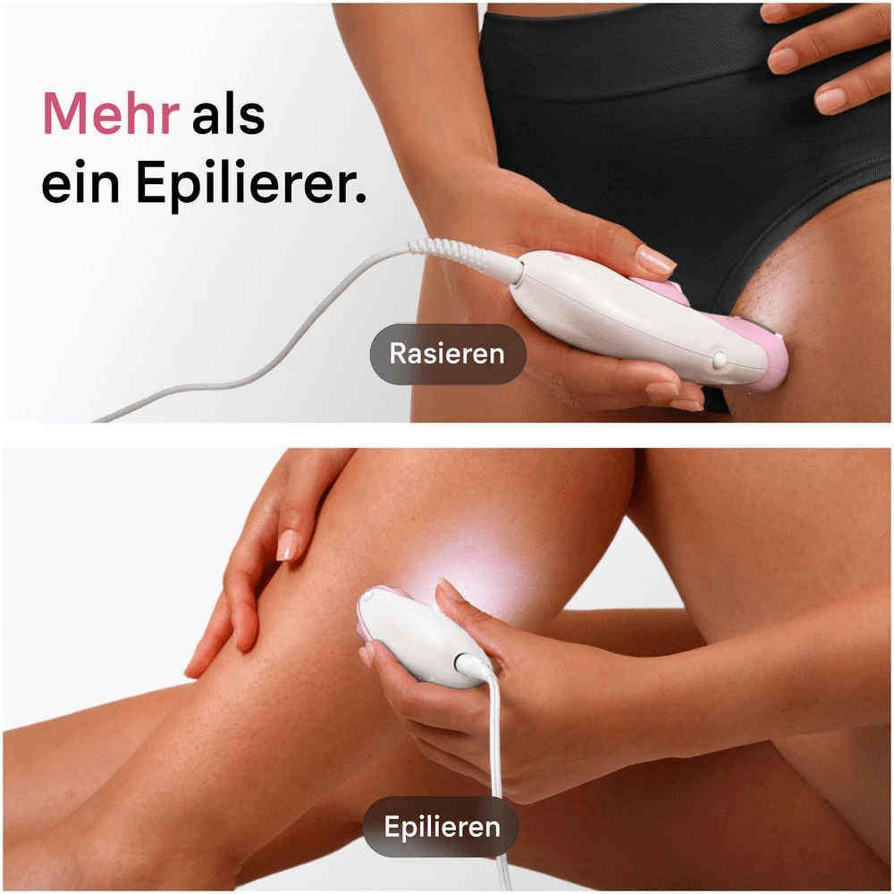 1. Frau, die den Rasieraufsatz im Bikinibereich verwendet, und 2. den Epilierer am Unterschenkel.