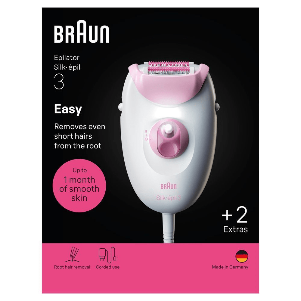 Front-view of Braun Silk-épil 3 pack with claim "Easy. Removes even short hairs from the root"