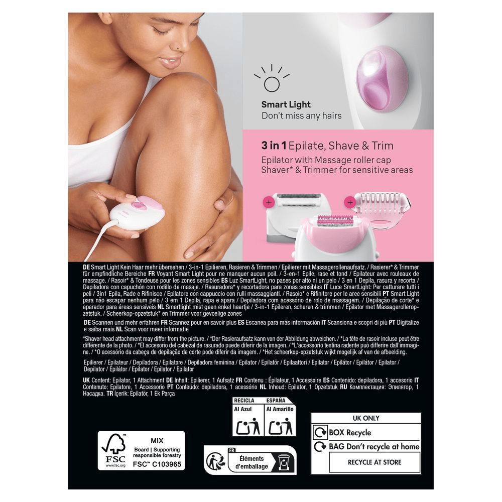Back panel of Braun Silk-épil 3 pack with image of a woman using the epilator and images featuring SmartLight, massage roller cap, trimmer and shaver.