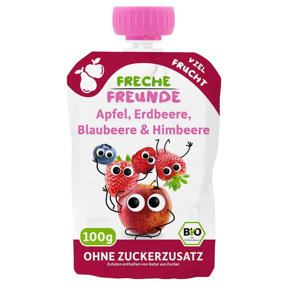 Bild: Freche Freunde Quetschie Apfel, Erdbeere, Blaubeere und Himbeere