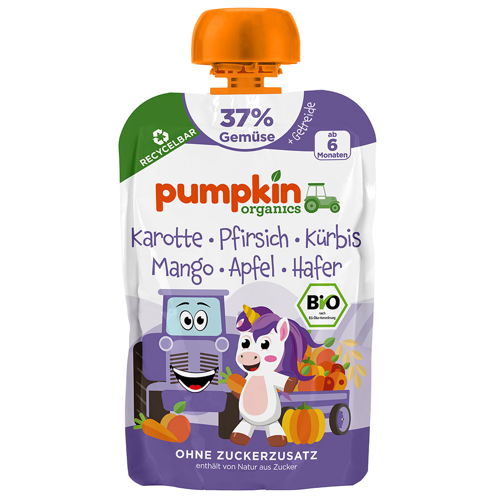 Bild: pumpkin organics Quetschie Karotte, Pfirsich, Kürbis, Mango, Apfel, Hafer 